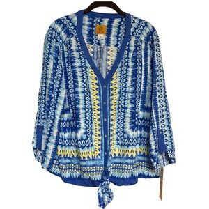 Ruby Rd. Pacific‎ Muse Blue & Yellow Tie-Front Button-Up Blouse Top - Women's XL